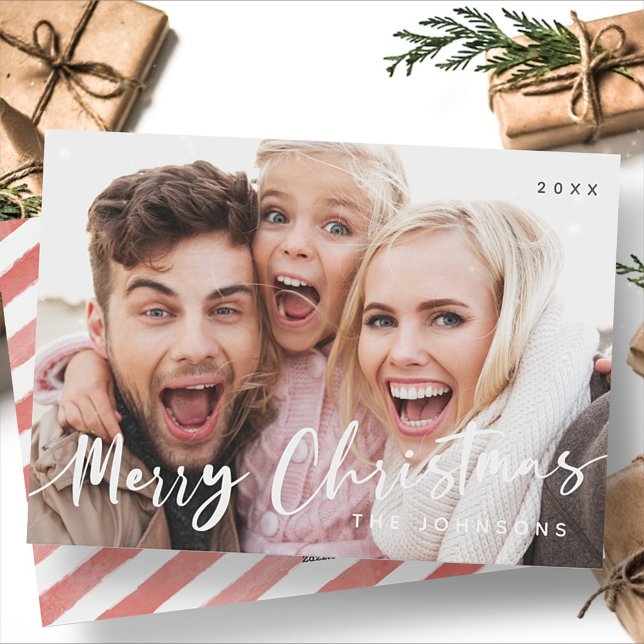 Merry Christmas Red White Stripes Modern Photo Holiday Card (Creator Uploaded)