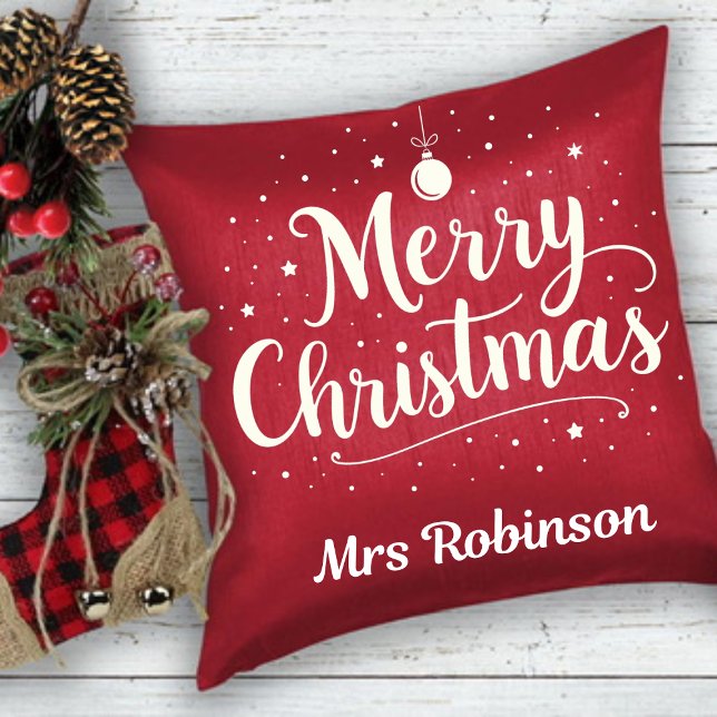 Merry Christmas Red White Trendy Custom Name Cushion (Creator Uploaded)