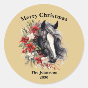 Merry Christmas Regal Black Horse Brown Wreath  Classic Round Sticker