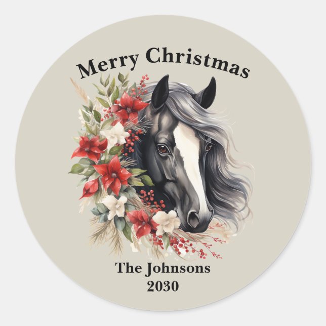 Merry Christmas Regal Black Horse Wreath  Classic Round Sticker (Front)
