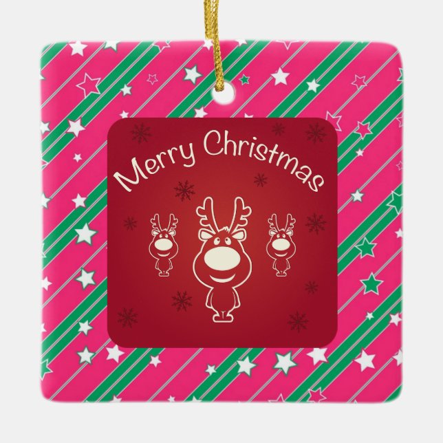 Merry Christmas Reindeer & Abstract Pattern Ceramic Ornament (Front)