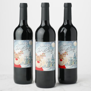 merry Christmas reindeer and lights Wine Label