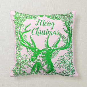 Merry Christmas Reindeer And Pine Boughs Holiday Cushion