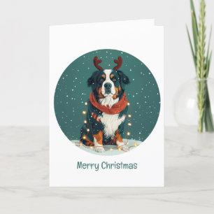 Merry Christmas Reindeer Bernese Mountain Dog Holiday Card