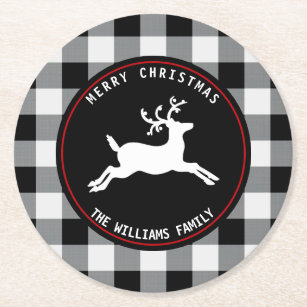 Merry Christmas Reindeer Black White Buffalo Check Round Paper Coaster