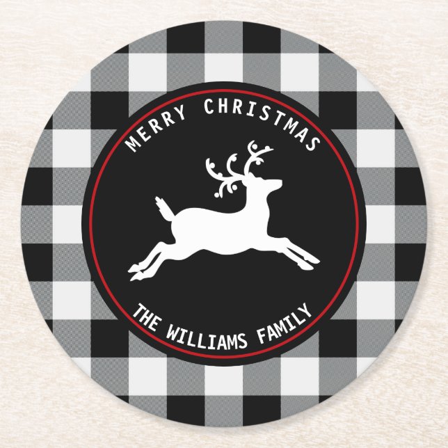 Merry Christmas Reindeer Black White Buffalo Check Round Paper Coaster (Front)