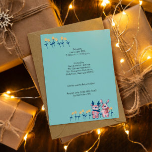 Merry Christmas – Reindeer & Bunny on Teal Invitation