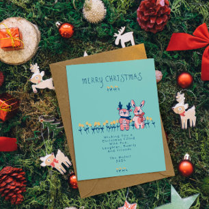 Merry Christmas – Reindeer & Bunny on Teal Postcard