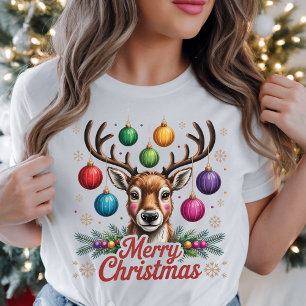 Merry Christmas Reindeer colourful baubles Holiday T-Shirt