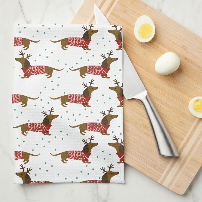 Merry Christmas Reindeer Dachshund Kitchen Towel (Quarter Fold)
