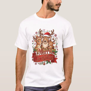 Merry Christmas Reindeer Family Santa Hat Lights T-Shirt