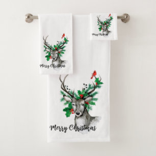Merry Christmas Reindeer Foliage and Cardinal  Bath Towel Set