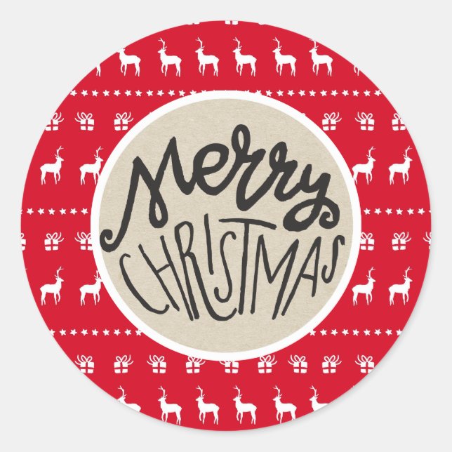 Merry Christmas Reindeer Gift Kraft Rustic Holiday Classic Round Sticker (Front)