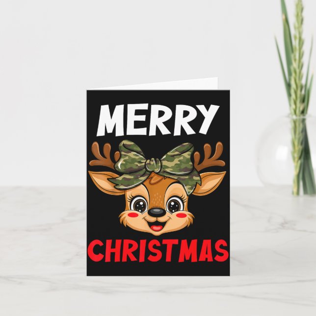 Merry Christmas Reindeer Girls Kids Camo Bow Pajam Card (Front)