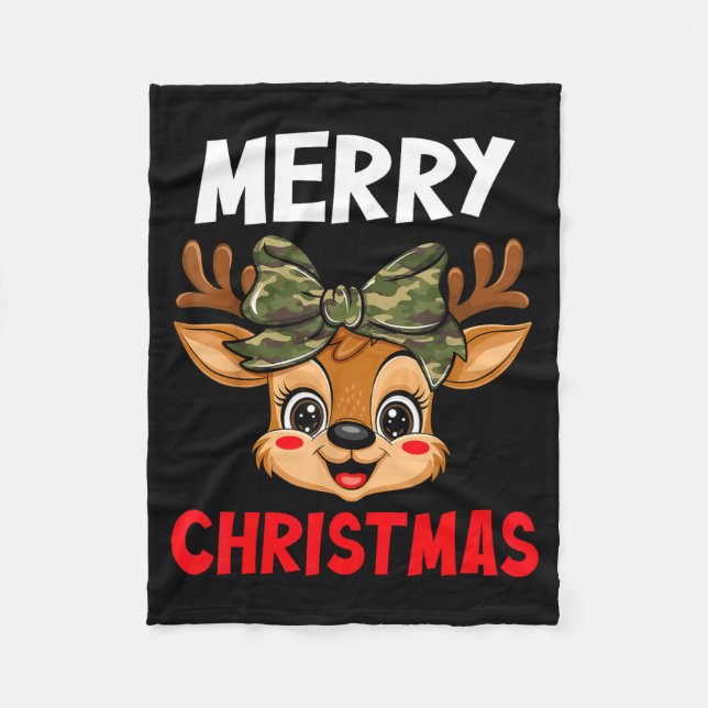 Merry Christmas Reindeer Girls Kids Camo Bow Pajam Fleece Blanket (Front)