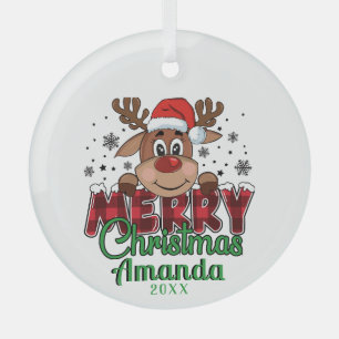 Merry Christmas Reindeer Glassc Ornament
