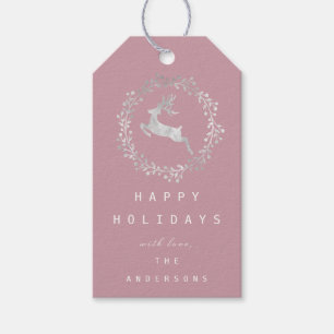 Merry Christmas Reindeer Grey Silver Grey Pink Gift Tags