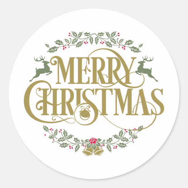Merry Christmas Reindeer Holly Berries Classic Round Sticker (Front)