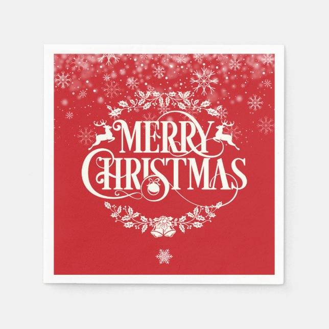  Merry Christmas Reindeer Holly Winter Snowflakes Napkin (Front)