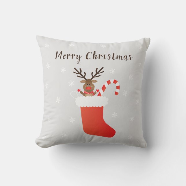 Merry Christmas Reindeer In A Stocking Red White Cushion (Front)