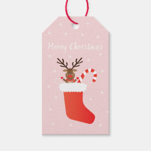 Merry Christmas Reindeer In A Stocking Red White Gift Tags