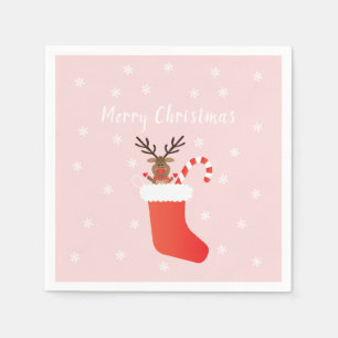 Merry Christmas Reindeer In A Stocking Red White Napkin