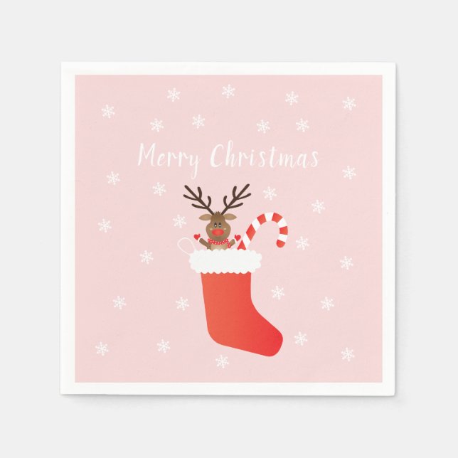 Merry Christmas Reindeer In A Stocking Red White Napkin (Front)