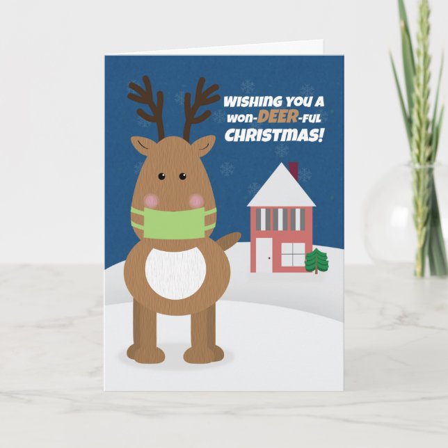 Merry Christmas Reindeer in Coronavirus Face Mask Holiday Card (Front)