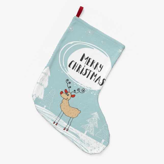Merry Christmas Reindeer Large Christmas Stocking (Front (Hanging))