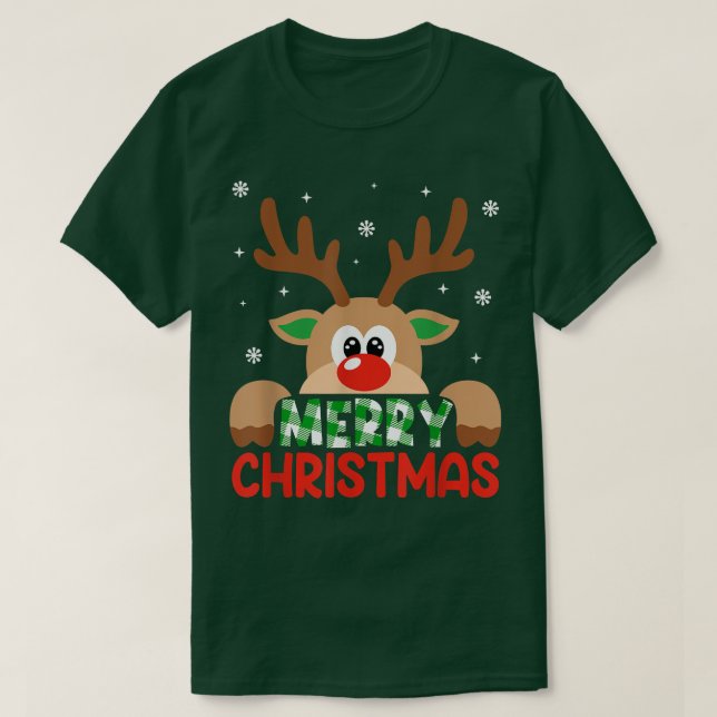 Merry Christmas Reindeer Leopard Buffalo Red Plaid T-Shirt (Design Front)