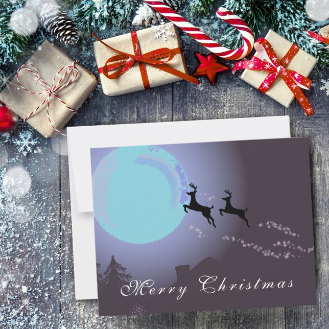 Merry Christmas Reindeer Moon Magical Night Holiday Card (Creator Uploaded)