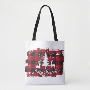 Merry Christmas Reindeer on Buffalo Plaid Tote Bag