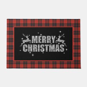 Merry Christmas Reindeer on Plaid Doormat