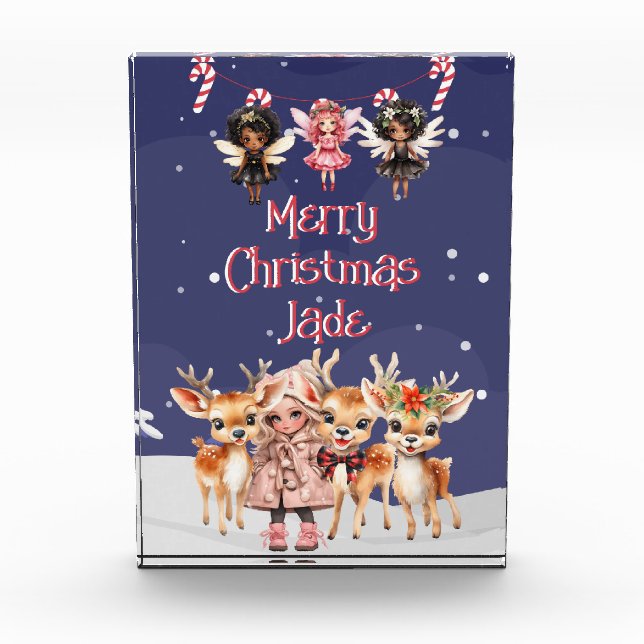 Merry Christmas Reindeer Peppermint Fairy w/ Name Photo Block (Front)