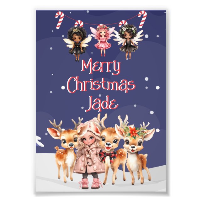 Merry Christmas Reindeer Peppermint Fairy w/ Name Photo Print (Front)