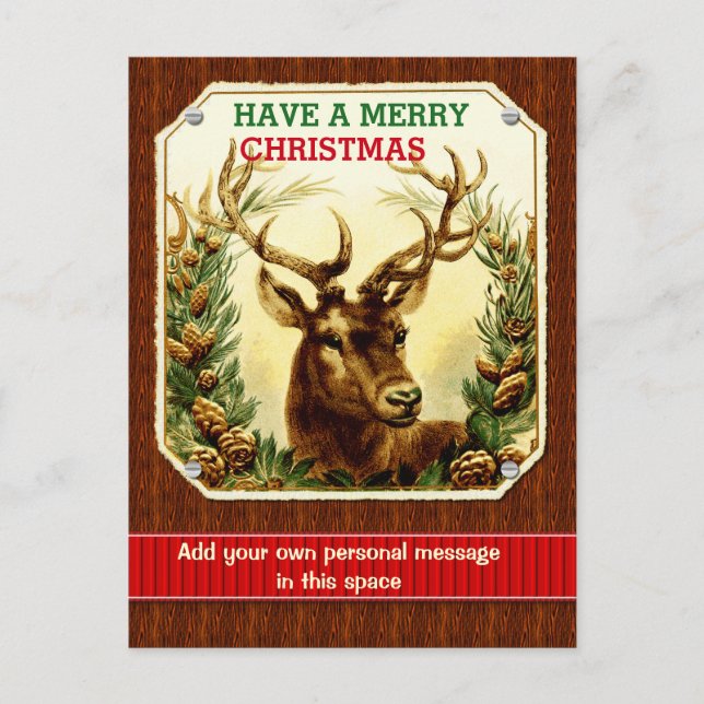 Merry Christmas Reindeer Personalised Wood Grain Holiday Postcard (Front)