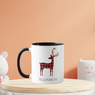 Merry Christmas Reindeer Plaid Gift Black Coffee Mug