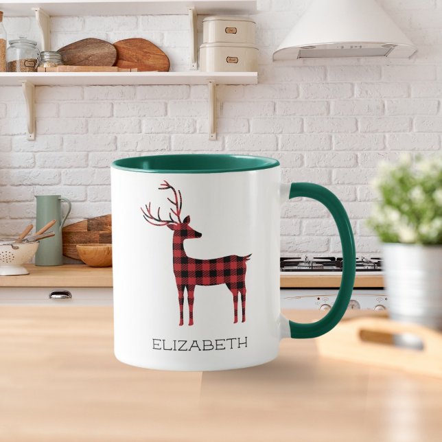 Merry Christmas Reindeer Plaid Gift Green Coffee Mug (Creator Uploaded)