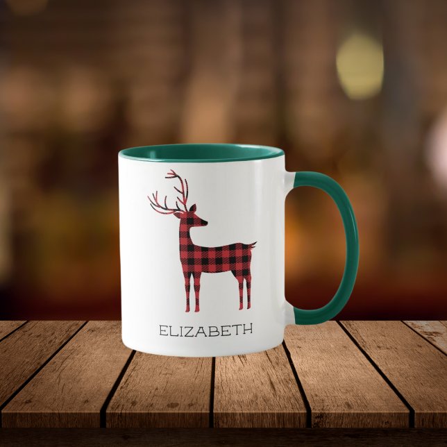Merry Christmas Reindeer Plaid Gift Green Coffee Mug (Creator Uploaded)