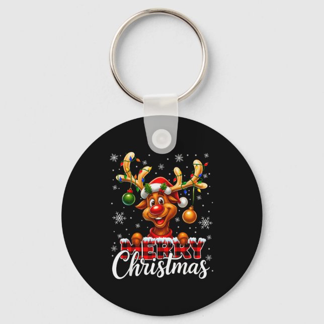 Merry Christmas Reindeer Plaid Pajamas Xmas Shirts Key Ring (Front)