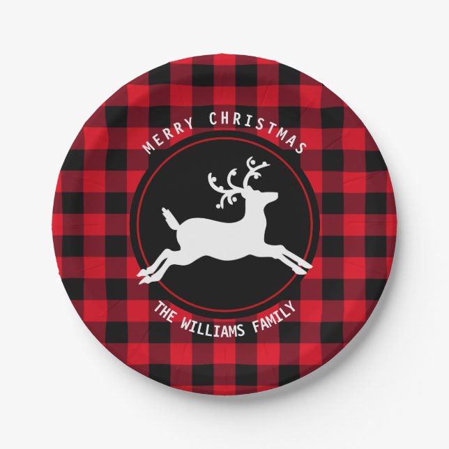 Merry Christmas Reindeer Red Black Buffalo Check Paper Plate (Front)
