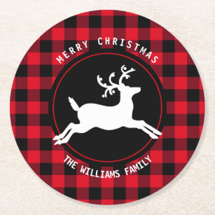 Merry Christmas Reindeer Red Black Buffalo Check Round Paper Coaster