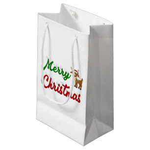 Merry Christmas Reindeer red green script  Small Gift Bag