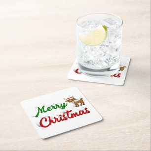 Merry Christmas Reindeer red green script Square Paper Coaster