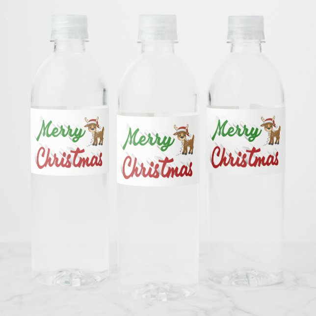 Merry Christmas Reindeer red green script Water Bottle Label (Bottles)