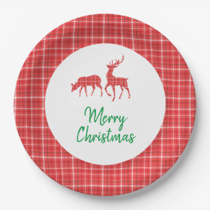 Merry Christmas Reindeer Red White Twill Plaid Paper Plate