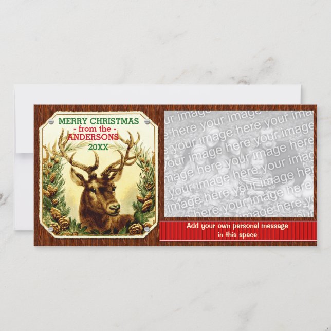 Merry Christmas Reindeer Ribbon Personalised Holiday Card (Front)