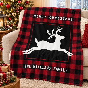 Merry Christmas Reindeer Rustic Red Buffalo Check Fleece Blanket