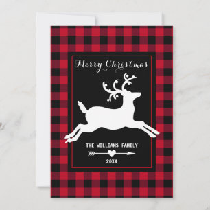 Merry Christmas Reindeer Rustic Red Buffalo Check Holiday Card