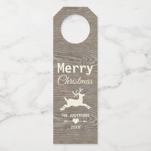 Merry Christmas Reindeer Rustic Weathered Wood Bottle Tag